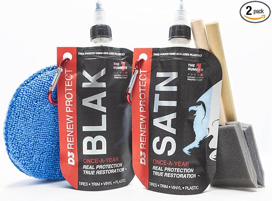 RENEW PROTECT - BLAK & SATN, Acrylic Ceramic-Hybrid Protectant, Enduring Tire & Trim Restorer, Low- High-Shine, Floor Mats- Golf Cart- and Motorcycle-Safe, Wash-Proof, 5 min Dry-Seal 6.8oz, BLAK+SATN