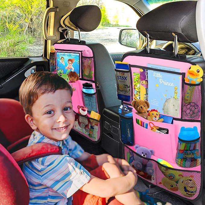 Car Backseat Organizer with 11" Table Holder, 10 Storage Pockets Seat Back Protectors Kick Mats for Kids Toddlers, Travel Accessories, 2 Pack, Pink