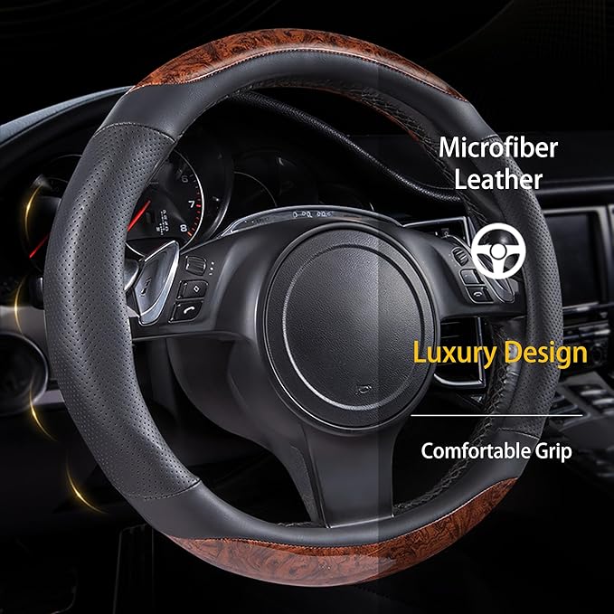 CAR-PASS Wood Grain Microfiber Leather Steering Wheel Cover, 14.5-15 inch Fit for 95% Automotive SUV Truck Sedan, Luxury Premium Rubber Perforated Leather, Non-Slip, (Black)