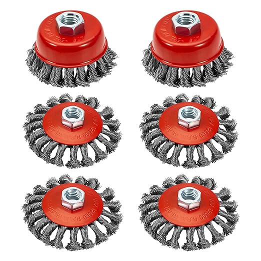 6 Pack 4 Inch Wire Wheels for Angle Grinder, 3 Inch Wire Cup Brush for 4 1/2 Angle Grinder, Twist Knotted Carbon Steel Wire Wheel with 5/8"-11 UNC Thread Arbor for Removing Rust,Paint etc