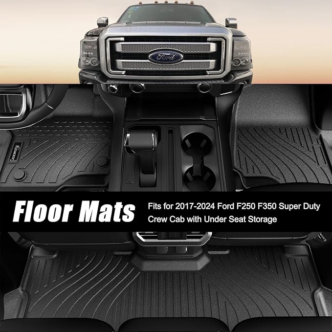 Floor Mats for Cars, Car Mats Full Set for 2017-2025 Ford F250 F350 Super Duty Crew Cab with Under Seat Storage, TPE All Weather Floor Mats for 1st & 2nd Row Automotive Floor Mat- Black