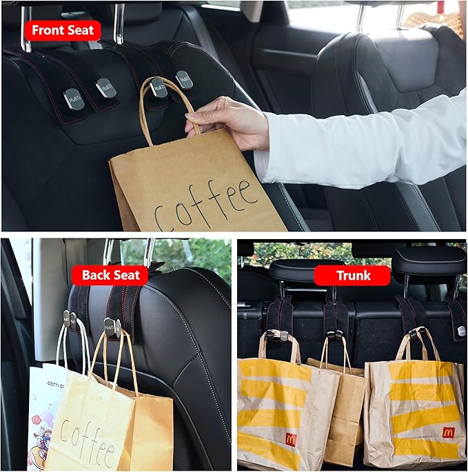 Mu&Ti Purse Hook for Car,Leather Seat Back Storage Hook, 2 Pack Hooks for Headrest, Car Accessories for Women (Black)