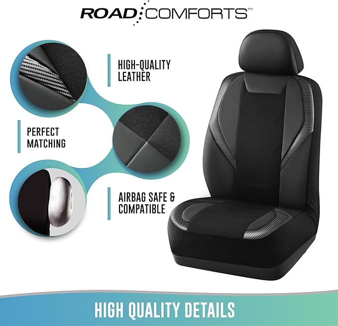 Road Comforts Car Seat Cover Full Set, Leather Mesh Seat Covers, Airbag Compatible, Universal Fit for Most Cars, SUVs, Trucks, and Vans - Black
