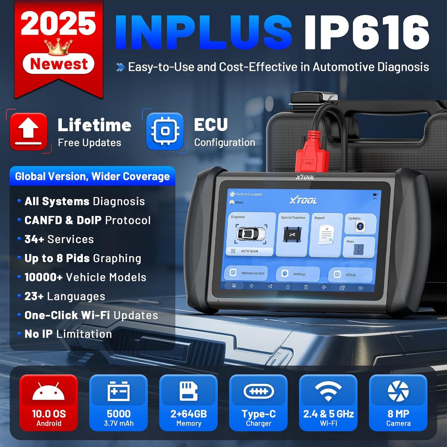 XTOOL InPlus IP616 V2.0 OBD2 Scanner Diagnostic Tool, Lifetime Update Scan Tool, 34+ Services, ECU Configuration, CAN FD & DoIP, All Systems Scanner for Car, Crank Sensor Relearn, ABS Bleed, Auto VIN