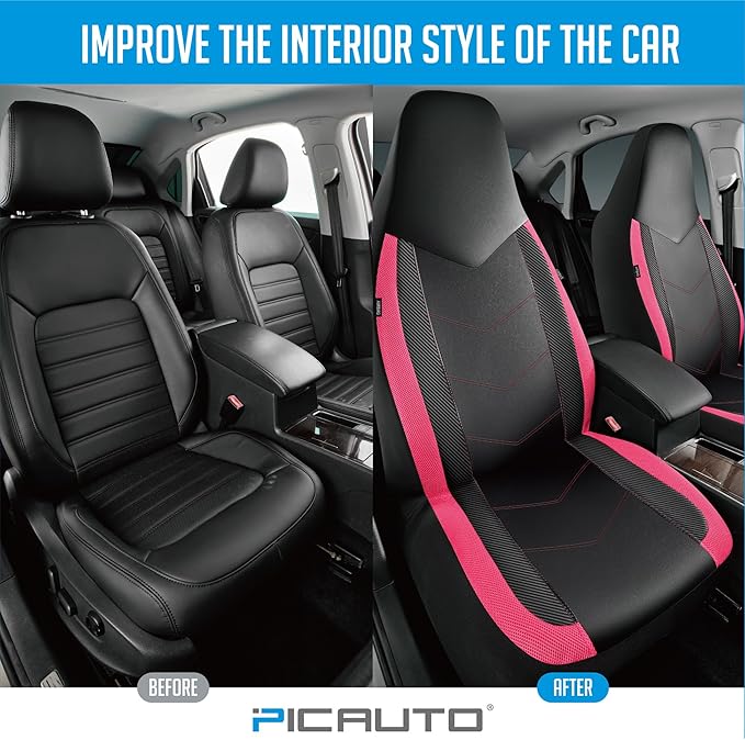 PIC AUTO Leather Car Seat Covers, Sports Carbon Fiber & Mesh Design, High-Back Two Front Set, Waterproof Automotive Seat Covers, Airbag Compatible, Universal Fit for Most Cars (Black & HotPink)