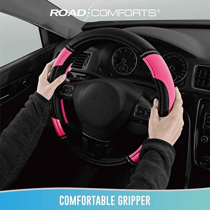 Road Comforts Leather Steering Wheel Cover - Made with PVC Leather - Anti-Slip, Universal Fit 14 1/2 inches to 15 inches - Hot Pink