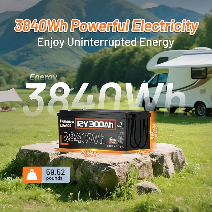 HumsiENK Bluetooth 12V 300Ah Battery LiFePO4 Lithium Built-in 100A BMS, 15000 Deep Cycles Battery 3840Wh with Low-Temp Protection for RV Marine Trolling Motor Home Energy Storage Off-Grid Living