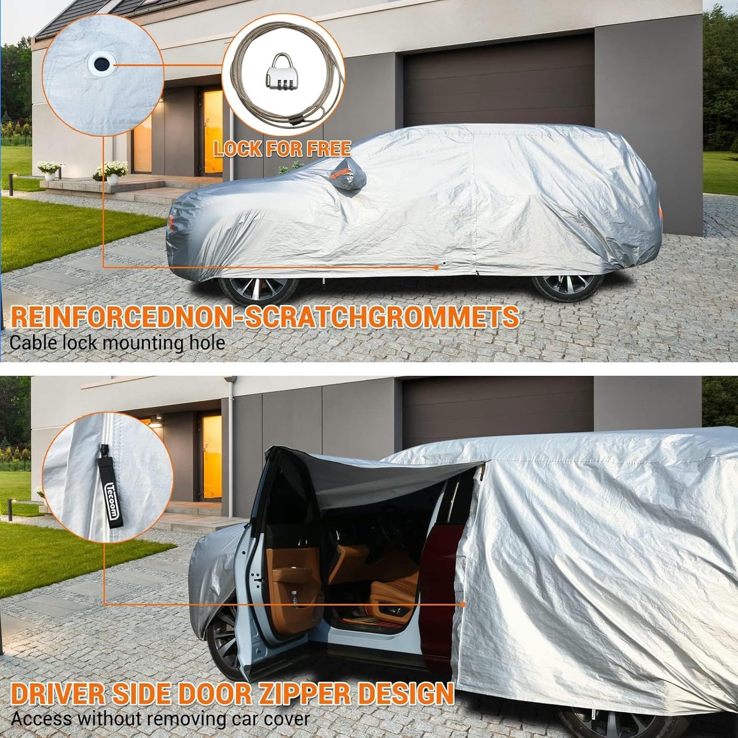 Tecoom Car Cover Waterproof All Weather, Fleece Lining Car Covers for Automobiles with Zipper Door Lock, 3 Layers Outdoor Indoor Full Car Cover Snow Hail UV Sun Protection Fit for SUV (206-215 Inch)