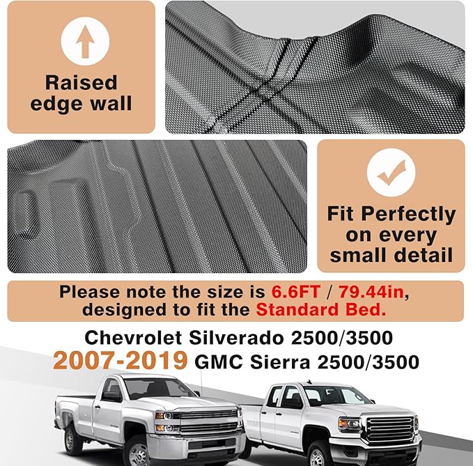 TripleAliners Truck Bed Mat Compatible with 2007-2019 Chevy Silverado/GMC Sierra 1500 2500 3500HD LD Limited Accessories 6.6FT Bed Perfectly Flush All Weather Protection TPE HeavyDuty Pickup Mat