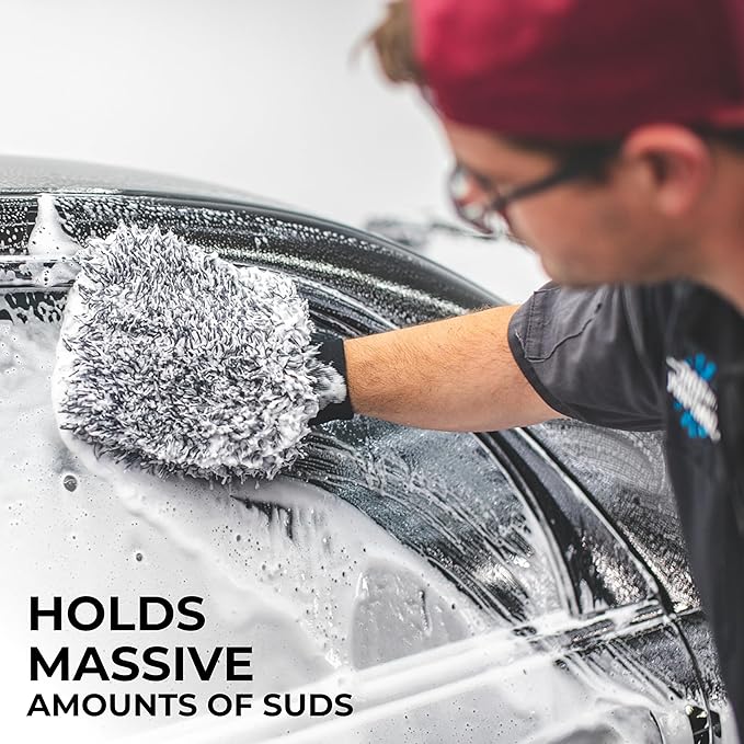 The Rag Company - The Cyclone Ultra Wash Mitts - 70/30 'Gauntlet' Blend Korean Microfiber, Foam Padding, Scratch-Free, Lint-Free, Great for Rinseless Washing, 8in x 9in, Blue + Black (2-Pack)