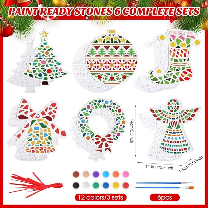 Gersoniel 6 Pack Christmas Ceramic Ornaments Painting Crafts Adult Unpainted Christmas Stepping Stone Kit Ready to Paint Mosaic Ceramic Figurines with Paints Brushes DIY Hanging for Holiday Xmas Tree