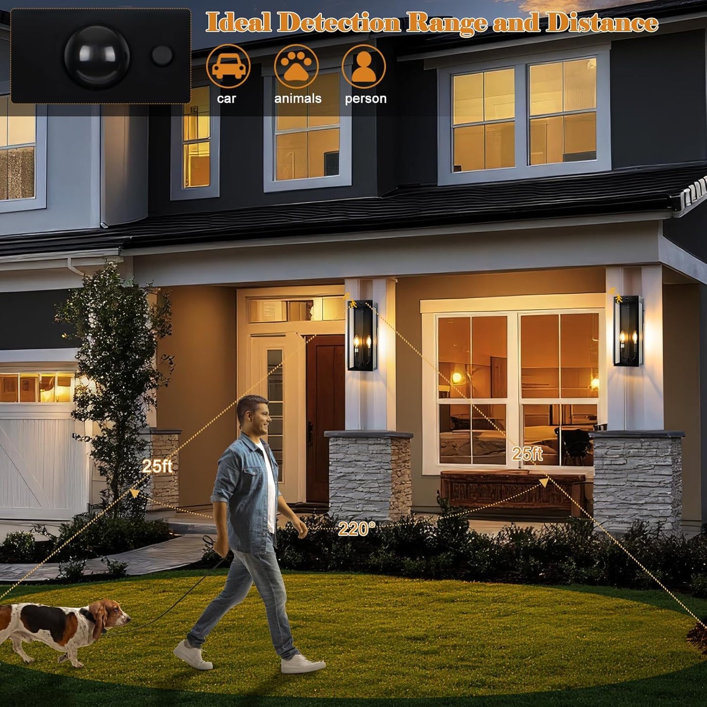 Black Motion Sensor Outdoor Lights 2-Light, 16” Modern Dusk to Dawn Sensor Lights for Outside 2 Pack, Exterior Wall Mount Porch Lanterns Waterproof Outside House Lamps for Garage Yard E12