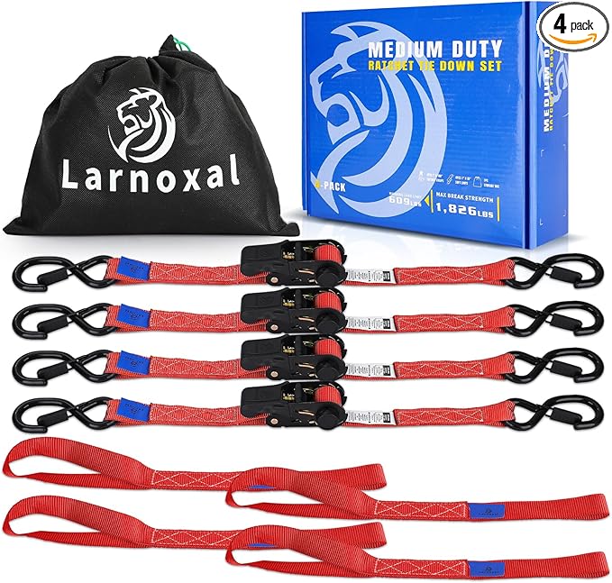 Ratchet Straps 4 Pack - 1,826 Lbs Break Strength 1 in x 15 Ft Medium Duty Ratchet Tie Down Straps with S Hooks Set for Truck, Cargo Van, Trailer, Motorcycle (Red)