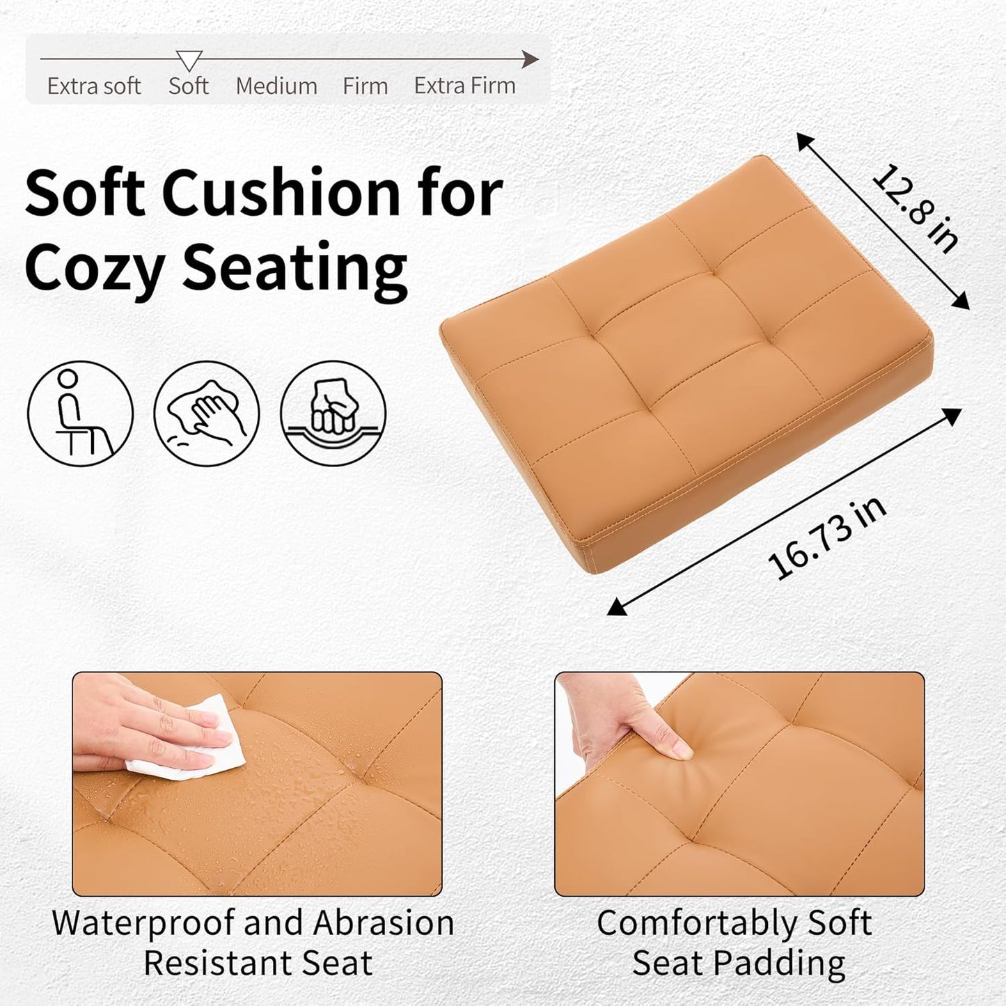 Office Stool with Wheels (300lbs Capacity) (Adjustable Height 17"-21") Brown Faux Leather Workbench Stool (Camel Brown)