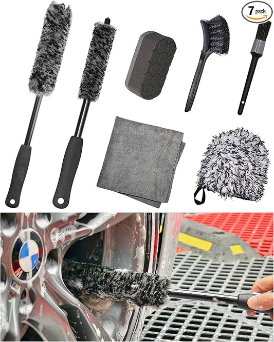 7PCS Pro-Grade Wheel Cleaning Kit: Long Handle Soft Wheel Brushes, Detailing Brush, Tire Scrubber, Wash Mitt, Hex-Logic Applicator & Microfiber Towel for Deep Car Detailing