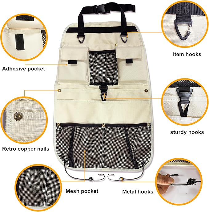 Car Seat Back Organizer with Multiple Storage Pockets, Black Mesh and Fabric, Universal Fit (beige)
