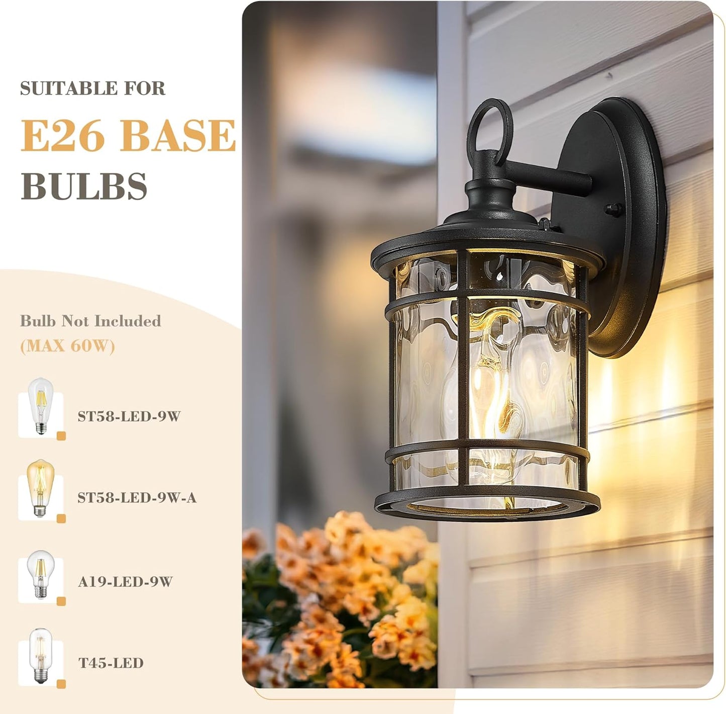 Emliviar 2 Pack Exterior Wall Sconce Light, Anti-Rust Outdoor Lanterns Wall Lamps, Farmhouse Patio Lightings with E26 Socket & Water Ripple Glass, Black Finish, XE229BS-2PK BK-WG