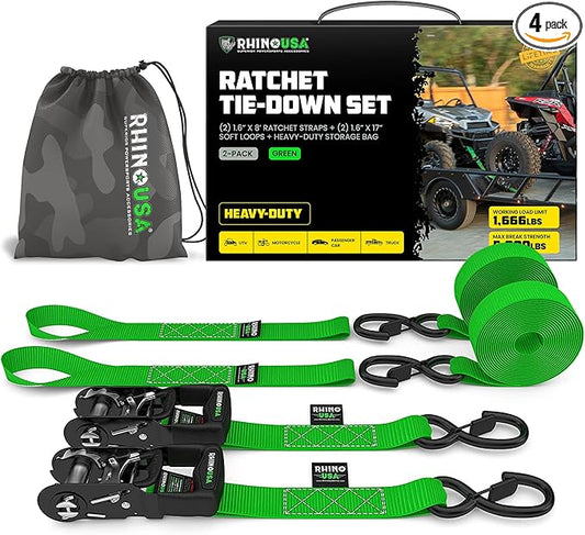 Rhino USA Ratchet Straps Heavy Duty Kit (2-Pack) - 1.6 Inch x 8 Feet Min Break Strength (5,000) - Ultimate Tie Down Straps with Safety S Hooks for Trucks, ATV, UTV, Motorcycle, Cargo & More - Green