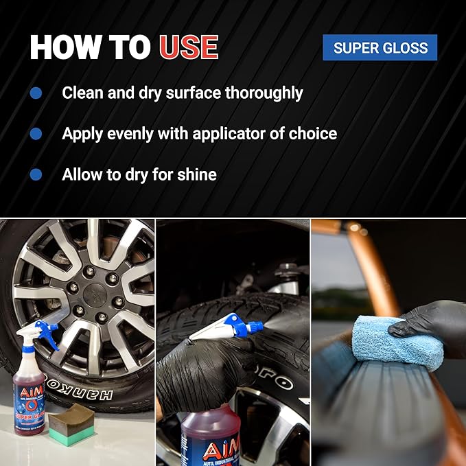 AIM Chemicals Super Gloss - Durable long lasting Tire Shine, Rubber & Vinyl Protector, Long-Lasting UV Protection, Versatile Application for Tires, Plastic Trims, Bumpers, 1 Quart