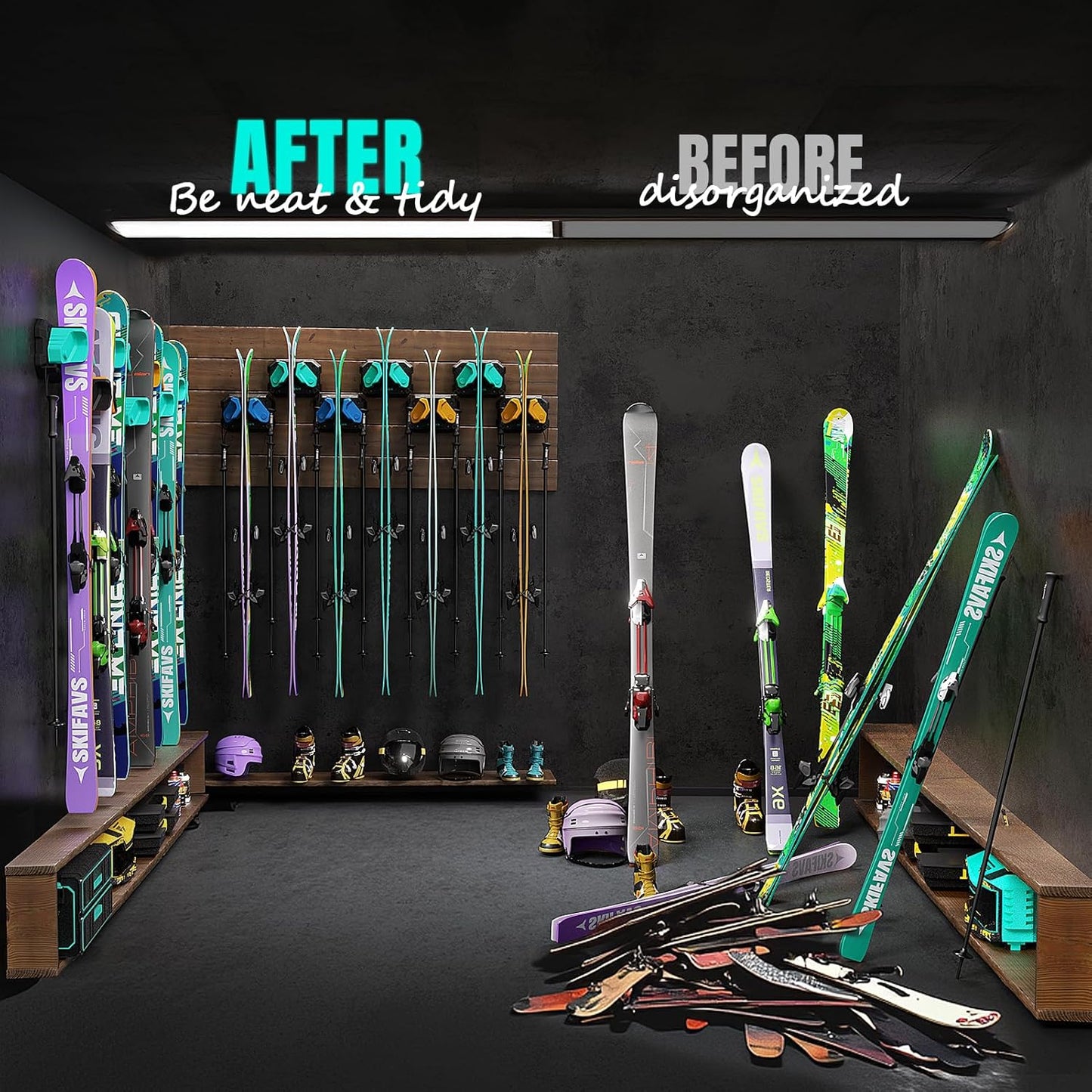 Ski & Snowboard Wall Rack for Garage Wall Fits Any Ski/board, Ski Wall Mount Holders Damage-Free Storage Rack, Garage Organization Space-Saving Winter Gear Organizer, Green, 6 Pack