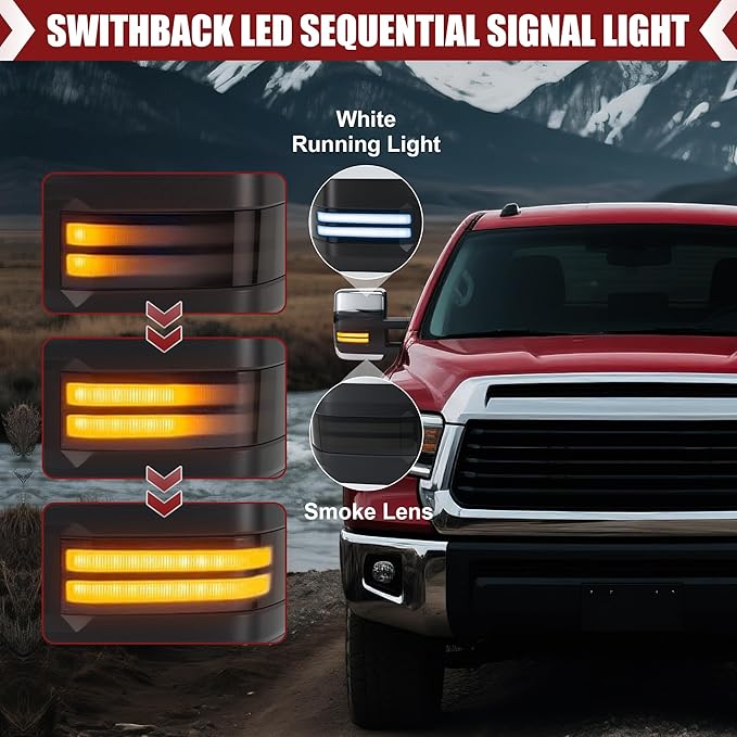 Tow Mirrors Compatible with 2007-2021 Tundra, 2008-2017 Sequoia, Extended Trailer Towing Side Mirrors with Sequential Switchback Turn Signal, Power Heated, Backup Light, Arrow Light, Chrome