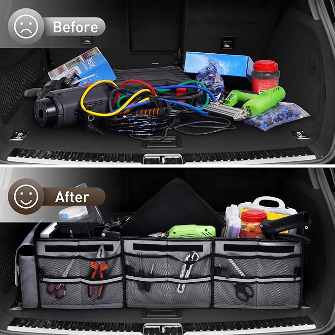 HIRALIY 4 in 1 Car Trunk Storage Organizer, Multi Compartment Foldable Trunk Storage Box with Leakproof Insulated Bag for Car Truck SUV