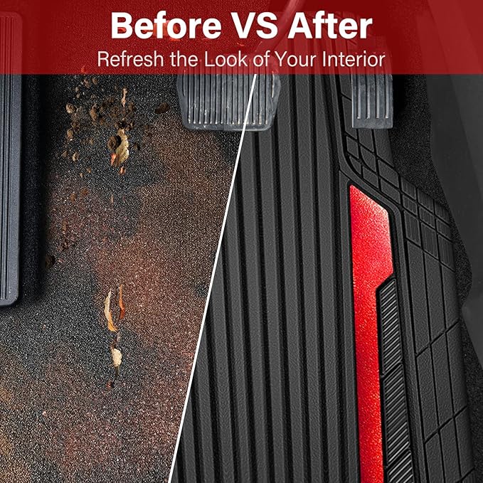 CAR PASS Heavy Duty Rubber Car Mats Metallic S~L Size, Aluminum Film All Weather Floor Mats Waterproof Universal Trim to Fit SUV Sedan Van Truck 4 Piece Deep Dish Two-Tone Sporty Black Red Chrome