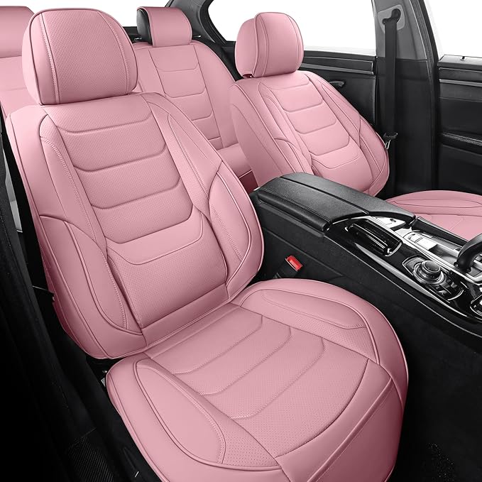 Leather Car Seat Covers Full Set Breathable Automotive Seat Covers Waterproof Seat Protectors Universal Fit for Most Automotive Cars SUV Trucks(Pink, Full Set)
