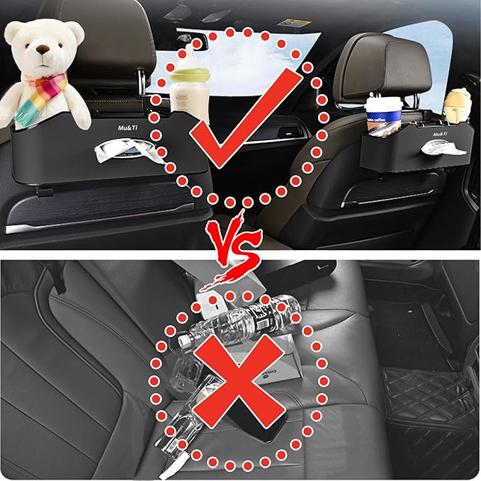 Mu&Ti Back Seat Car Organizer, Multifunctional Car Seat Back Storage Box with 2 Cup Holders, Tissue Box and Hook - Ideal for Kids and Travel (Black)