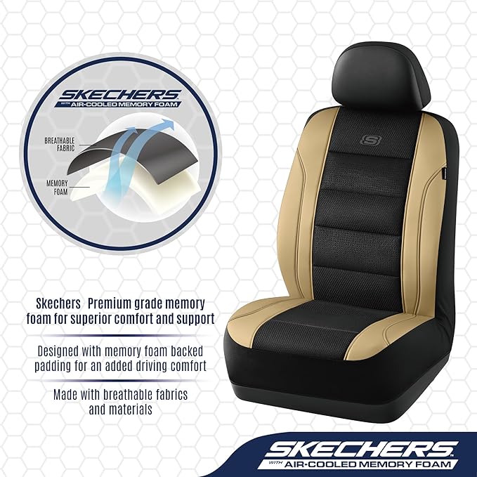 Skechers Aircooled & Memory Foam Car Seat Covers,Premium Leather with EVA Mesh Seat Covers, Front car seat Protector, Airbag Compatible, Automotive Comfort for Most Cars, Vans, Trucks, SUV,Biege