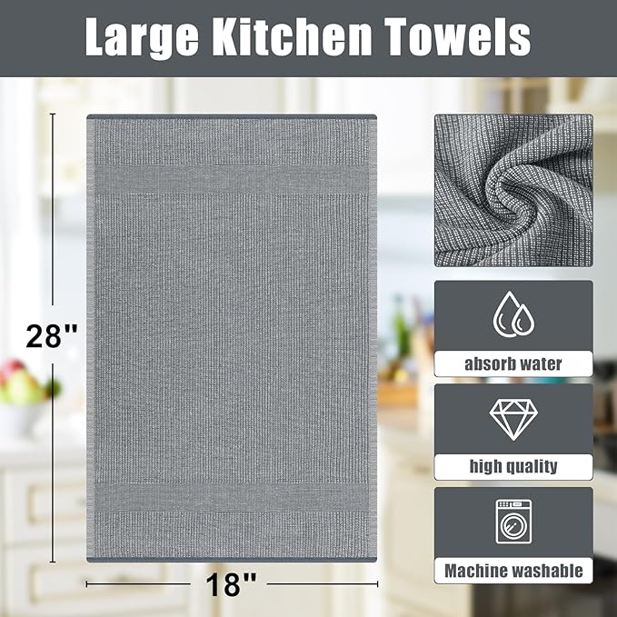 Homaxy Premium Kitchen Towels(18”x 28”, 6 Pack), Large Cotton Kitchen Hand Towels, Flat and Terry Dish Towels, 380 GSM Highly Absorbent Tea Towel Set with Hanging Loop, Grey/Red/Green