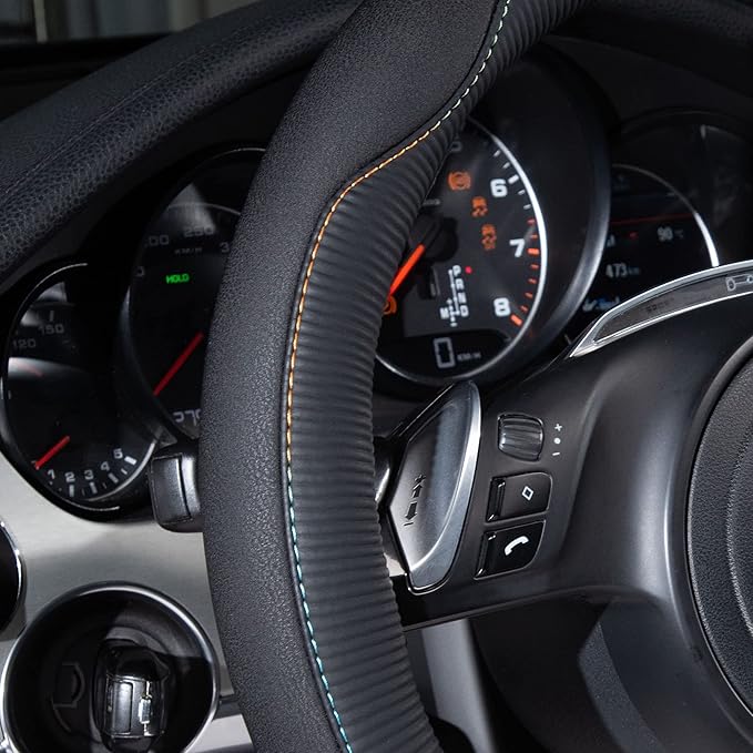 CAR PASS Colour Piping Leather Universal Fit Steering Wheel Cover,Perfectly fit for 14.5-15 inches for Various Vehicles Suvs,Vans,Trucks,Sedans,Cars(Black Multicolor)