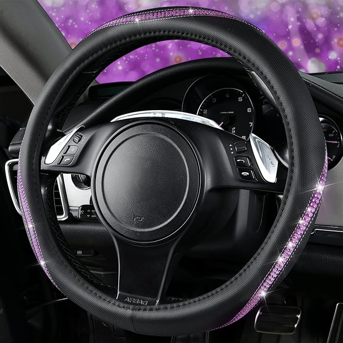 CAR PASS Bling Diamond Black Leather Steering Wheel Cover, Studded Crystal Rhinestones Universal Fit 14" 1/2-15" Glitter for Women Sparkle Girl Fit Suvs,Vans,Sedans,Car,Trucks, Purple Diamond