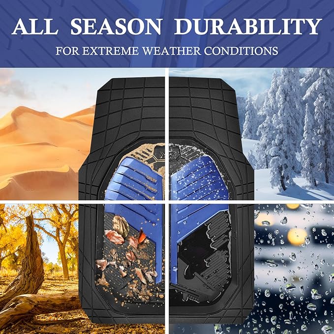 CAR PASS Heavy Duty Rubber Car Mats, Deep-Dish Car Floor Mats All Weather, Universal Two-Tone Trim-to-Fit for SUVs Trucks Sedans, Waterproof Anti-Slip, 3 Pieces V12 Black and Metallic Blue