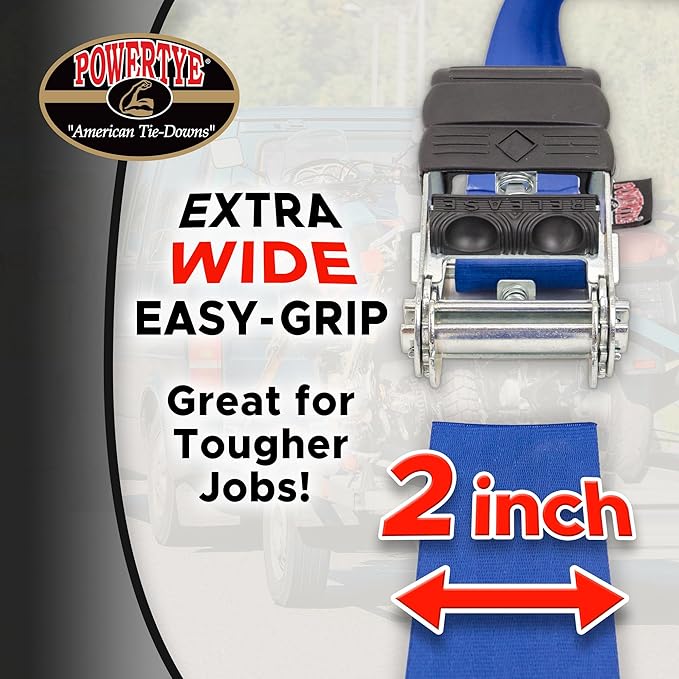 PowerTye - Endless Ratchet Strap - 2 inch x 10ft Easy Grip Long Tie Down Strap (Hookless), 800 lb. W.L.L. / 2,400 Lb Break Strength, Ideal for Motorcycle, ATV, Truck & Cargo, Blue 2-Pack