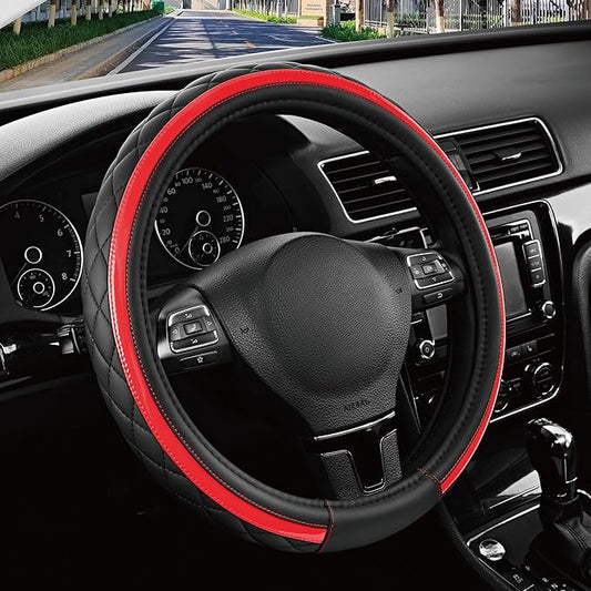 Road Comforts Leather Steering Wheel Cover – Black & Red Universal Fit 14.5-15 Inch, Microfiber Leather, Anti-Slip & Breathable Design for Men and Women