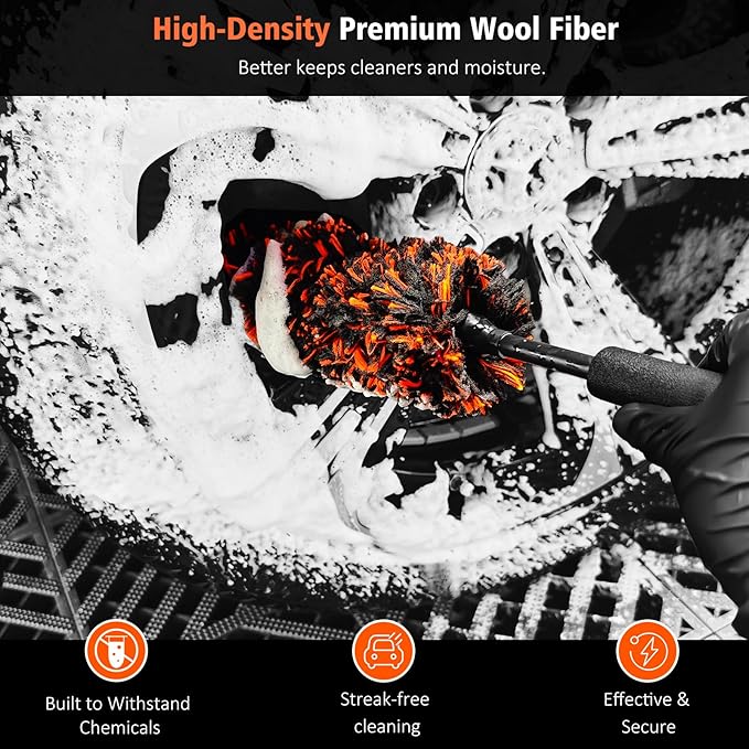 YeewayVeh 4PCS Car Wheel Cleaning Kit, 2-Size Bendable Microfiber Wool Wheel Brush Set, Tire Brush, Double-Ended Detailing Brush, Soft Non-Metallic Rim Cleaner Brushes for SUVs, RVs & Trucks