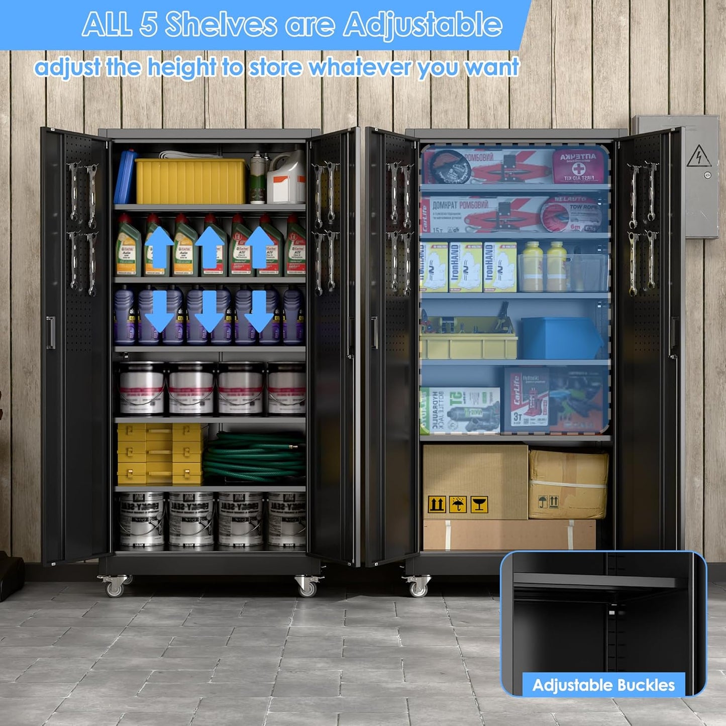 Metal Garage Storage Cabinet with Wheels and Pegboard 71'' x 34'' x 18'', Lockable Rolling Steel Cabinet with 5 Adjustable Shelves and Door for Garage, Office, Kitchen, Assembly Required(Black)