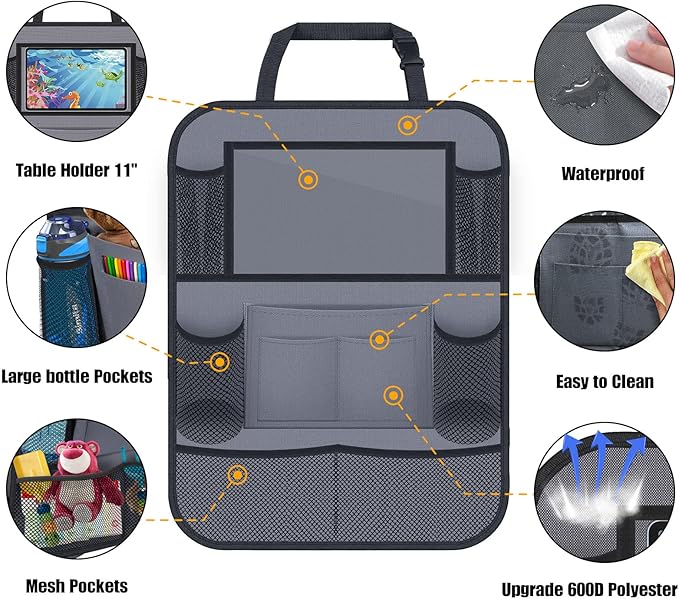 Car Backseat Organizer with 11" Table Holder, 10 Storage Pockets Seat Back Protectors Kick Mats for Kids Toddlers, Travel Accessories, 2 Pack, Gray