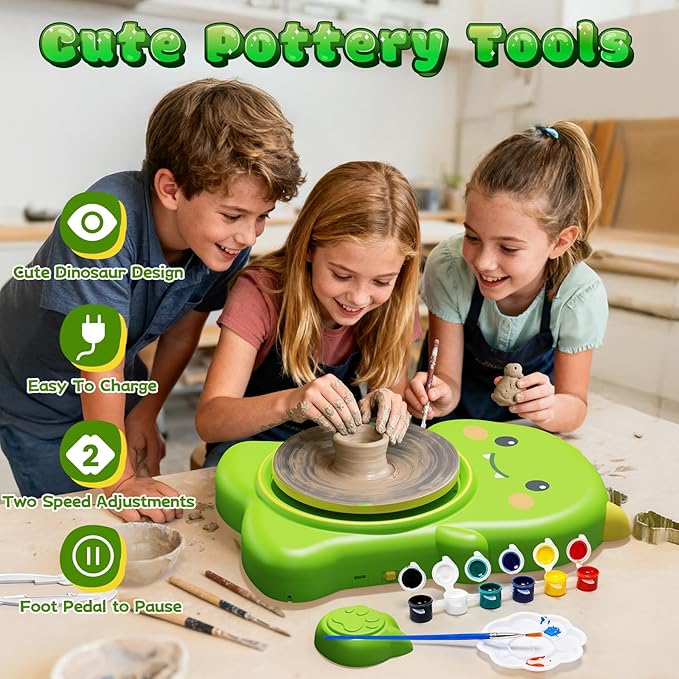 Skirfy Mini Pottery Wheel Kit for Beginners Kids,Electric Ceramic Wheel with Foot Pedal&Painting Kit, Adjustable Speed,Clay Spinner DIY Tools for Art Craft Birthday (Green Dinosaur)