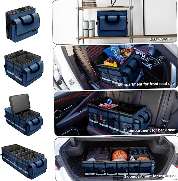 Car Trunk Organizer and Storage with Removable Leakproof Cooler Bag, 6 Removable Dividers for Custom Space, Collapsible Trunk Storage with Non Slip Bottom, Foldable Cover for SUV, Jeep, MPVs