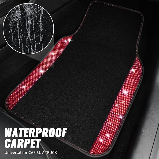 CAR PASS Bling Diamond Leather Steering Wheel Cover 14.5in-15in Floor Mats Shining Rhinestone Carpet Sparkly Glitter Crystal Anti-Slip Pad Fit Automotive SUV Pickup Truck Girl Women, 5pcs Black Red