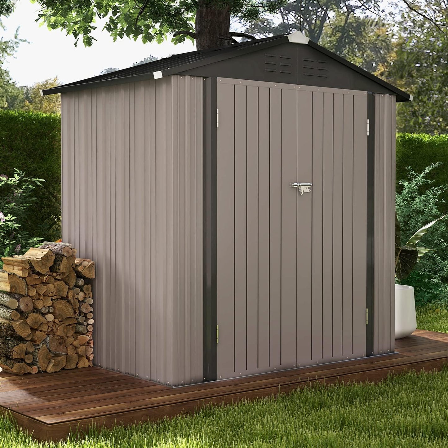 Patiowell 6x4 FT Outdoor Storage Shed, Garden Tool Storage Shed with Sloping Roof and Double Lockable Door, Outdoor Shed for Garden Backyard Patio Lawn, Brown