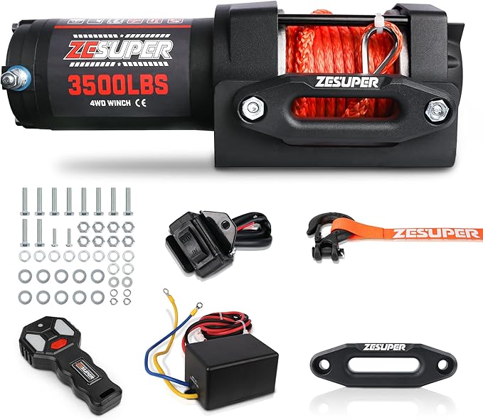 ZESUPER 3500 lb 12V DC Electric Winch 30 ft Synthetic Rope UTV ATV Boat Trailer Winches Off Road Waterproof Towing Winch Kits with Wireless Remote Mounting Plate