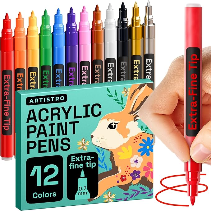 ARTISTRO 12 Acrylic Paint Pens, Fabric Markers for Textile, Rock, Glass, Wood, Paper, Ceramic, Canvas DIY Art Supplies Kit, Drawing Markers for Kids and Adults (Extra Fine Tip)