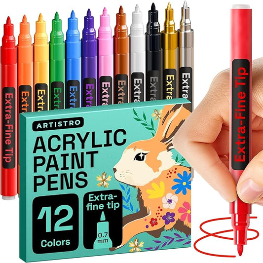 ARTISTRO 12 Acrylic Paint Pens, Fabric Markers for Textile, Rock, Glass, Wood, Paper, Ceramic, Canvas DIY Art Supplies Kit, Drawing Markers for Kids and Adults (Extra Fine Tip)