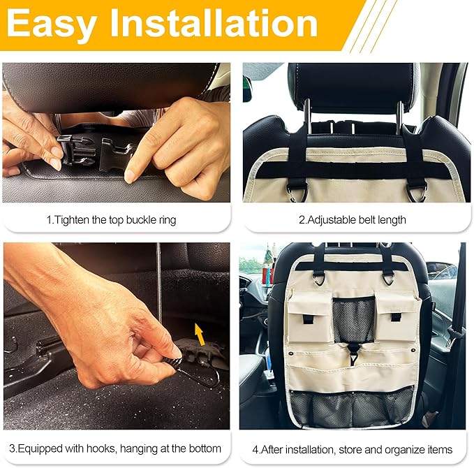 Car Seat Back Organizer with Multiple Storage Pockets, Black Mesh and Fabric, Universal Fit (beige)