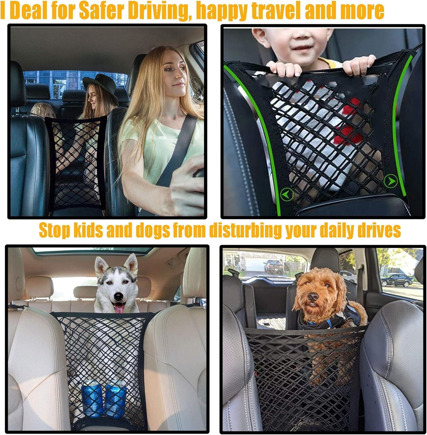 DYKESON Pet Barrier Dog Car Net Barrier with Auto Safety Mesh Organizer Baby Stretchable Storage Bag Universal for Cars, SUVs -Easy Install,Safer to Drive with Pets and Children, 2 Layer