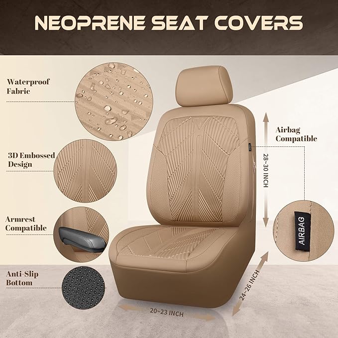 CAR PASS Waterproof Car seat Covers Full Sets Neoprene Wetsuit, All-Weather Non-Slip Durable, Universal Fit for SUV Sedans Trucks Vans Automotive, Armrest Airbag Compatible, 3D Emboss All Beige