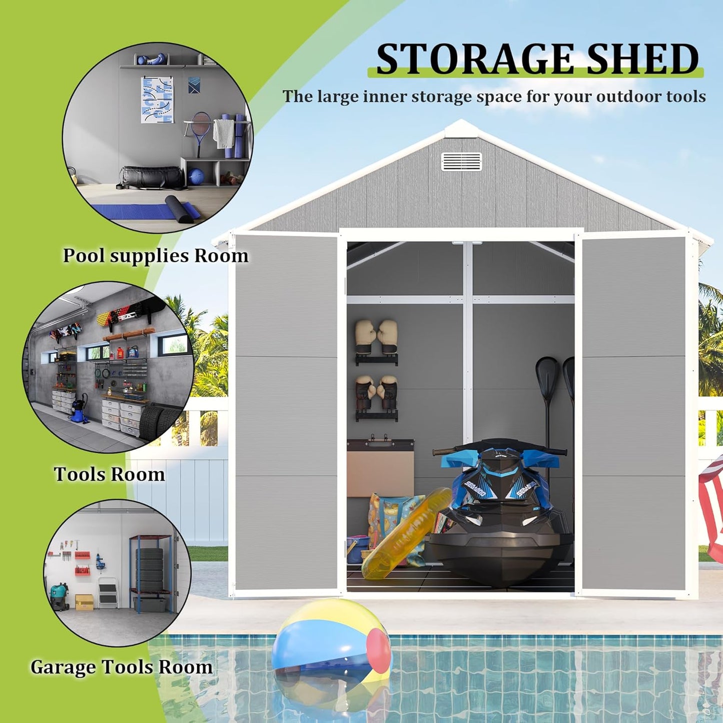 8x8 FT Outdoor Storage Resin Shed with Floor,Waterproof Plastic Garden Bike Shed with Lockable Door, Sloped Roof, Vents & Windows, Easy Assembly Tool Shed for Lawn, Backyard, Patio, Grey